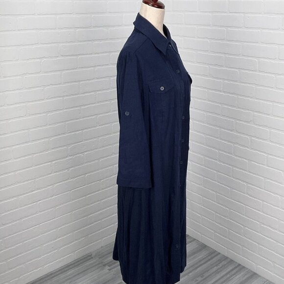 R &K Dress Women 14 Blue Shirt Button Linen Blend Lined Midi Classic - Picture 5 of 16